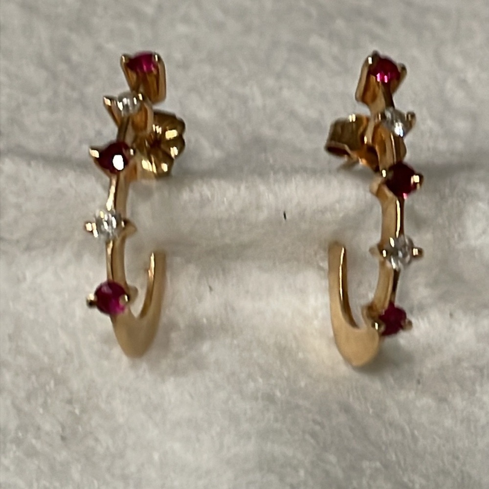 14K Yellow Solid Gold Ruby and Diamond J-Hoop Earrings